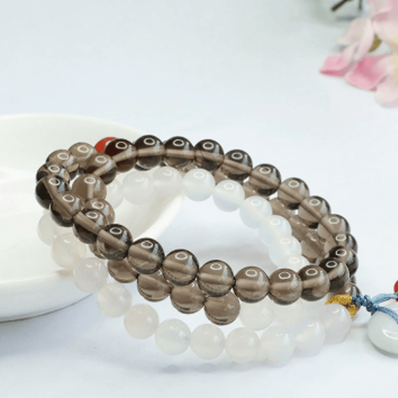 Buddha Stones Ice Obsidian and White Chalcedony Peace Buckle Serenity Multi Wrap Bracelet