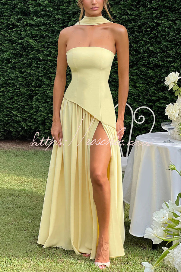 Off Shopulder Chiffon Pleated Hem Scarf Slit Maxi Dress