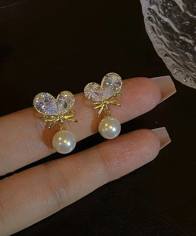 Style White Copper Alloy Zircon Pearl Love Bow Tassel Drop Earrings