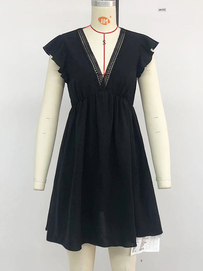 A-line High Waisted Hollow Pleated Ruffled Color Split-joint Deep V-neck Mini Dresses