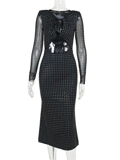 Glitter Hollow Out See-through Maxi Dress Female Lace-up Club High Waist Patchwork Sparkle Bandage Long Dress