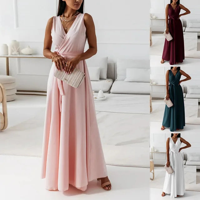 Dresses for White Sleeveless Loose V Neck Color Long Dresses Party Evening Robe Vestidos