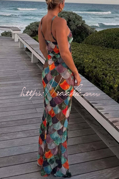 Little Mermaid Colorful Scales Print Halter Maxi Dress