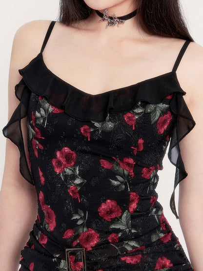 Print Gothic Mini Dress With Asymmetric Hem