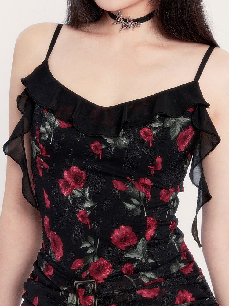 Print Gothic Mini Dress With Asymmetric Hem