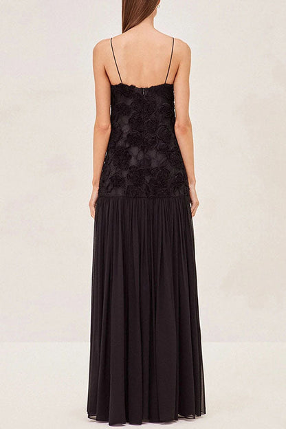 Spaghetti Strap Applique Patchwork Maxi Dress