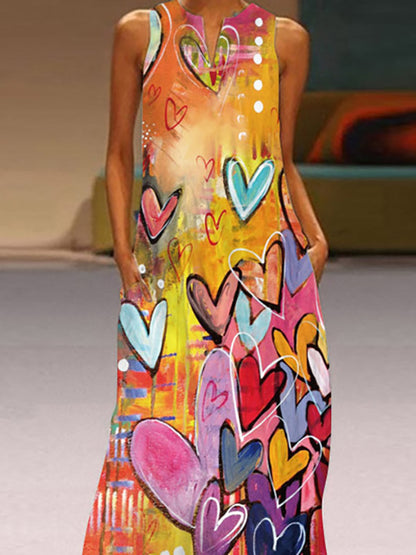 A-line Loose Heart Print Round-neck Maxi Dresses