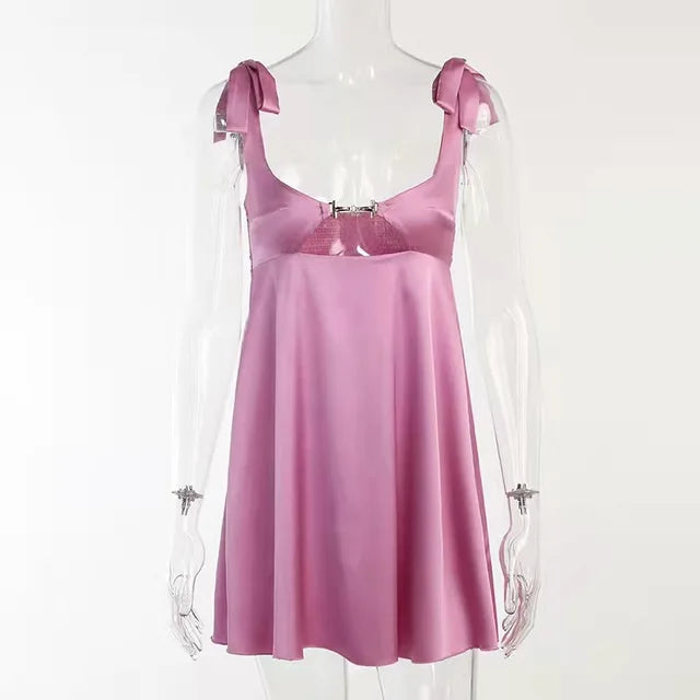 Bandage Satin Dress Party Backless Sleeveless Loose Dresses Hollow Out Mini Dress Woman New