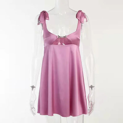 Bandage Satin Dress Party Backless Sleeveless Loose Dresses Hollow Out Mini Dress Woman New