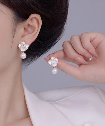 White Sterling Silver Overgild Zircon Pearl Camellia Flower Drop Earrings