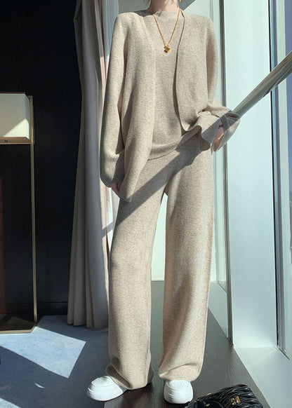 Natural Light Camel V Neck Woolen Cardigan Waistcoat and Wide Leg Pants Three Piece Set Fall Wv030