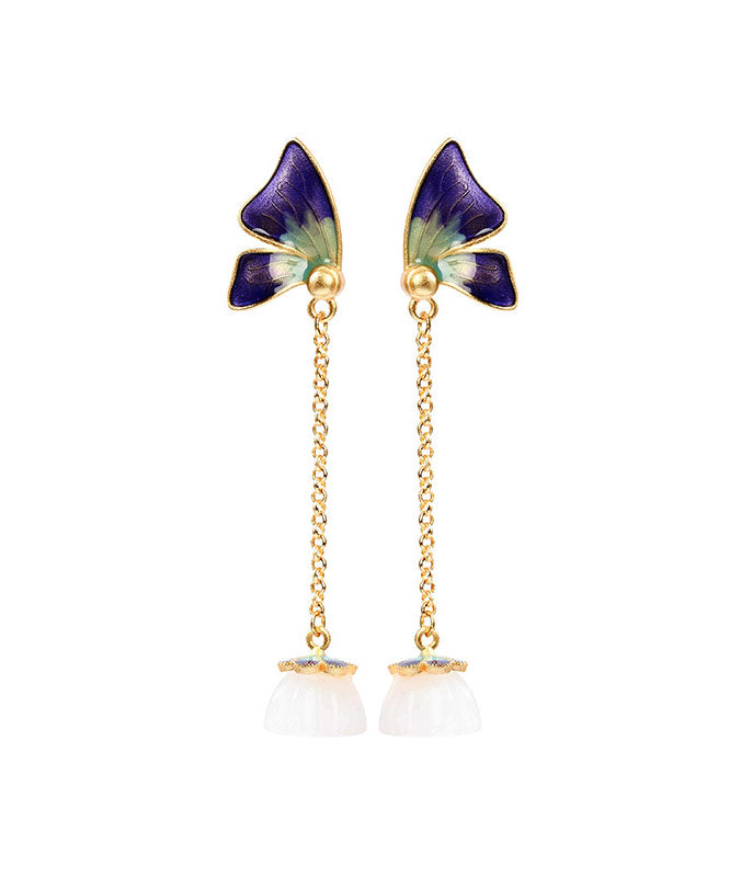 Purple Ancient Gold Enamel Jade Butterfly Drop Earrings