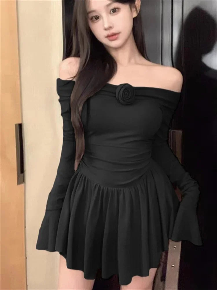Splice Flower Bodycon Mini Dress for Ruffled Folds High Waist Dresses Femme Off Shoulders Slim Dress Woman
