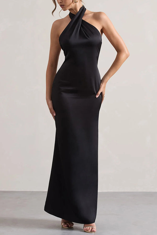 Color Halter Neck Tie Backless Slim Maxi Dress