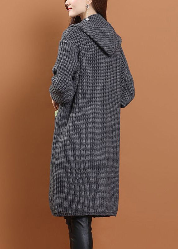 Handmade Grey Pockets Button Cotton Knit Long Hooded Cardigans Winter Wd027