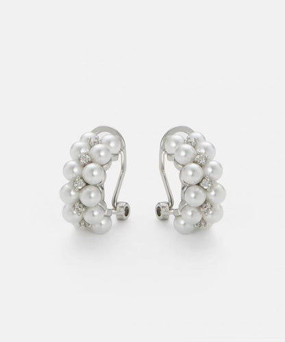 White Sterling Silver Zircon Double-layer Pearl Hoop Earrings