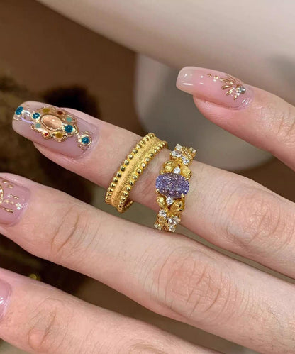 Retro Gold Sterling Silver Overgild Zircon Rings Two-piece Set