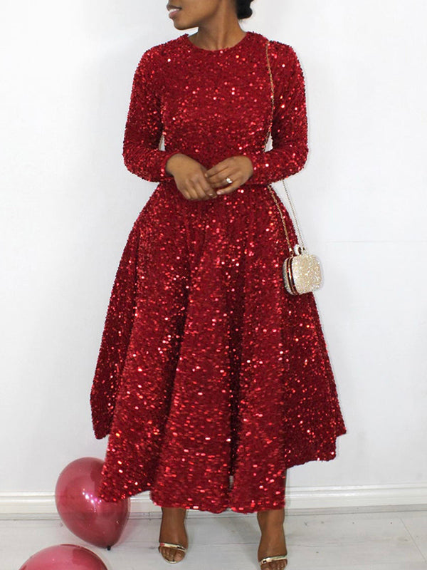 A-line High Waisted Sequined Split-joint Zipper Round-neck Maxi Dresses
