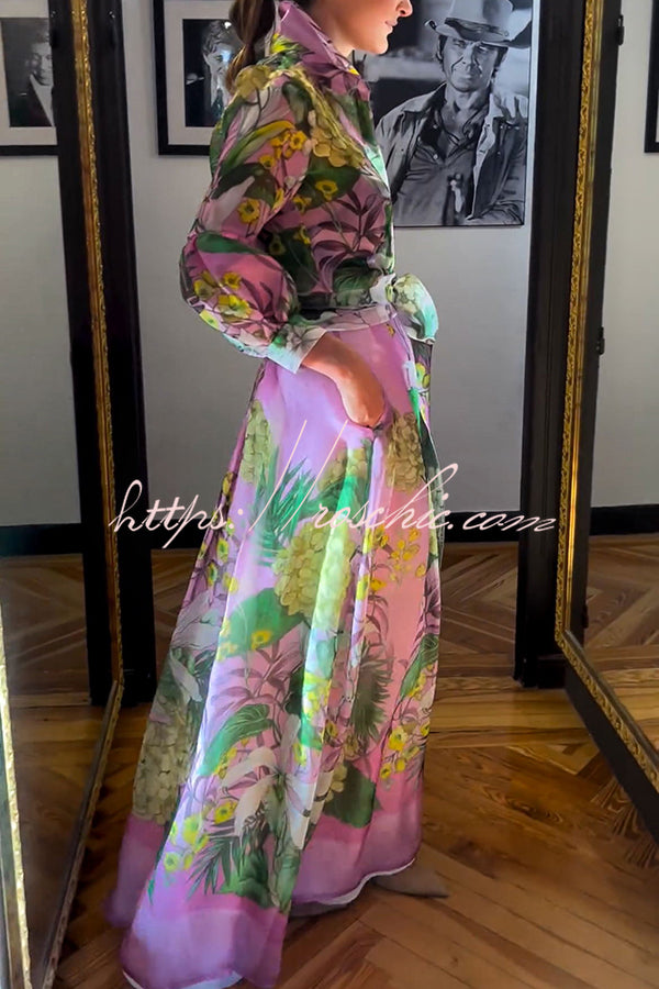 Seeds of Happiness Tulle Print Elastic Waist Belt Pocketed Maxi Skirt