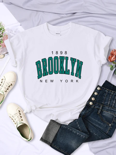 1898 Brooklyn New York Print Short Sleeve T-shirts All-math Crewneck Breathable Female Clothing