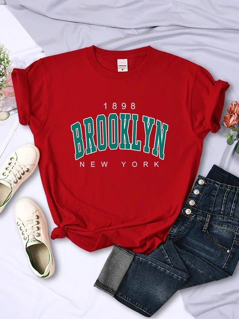 1898 Brooklyn New York Print Short Sleeve T-shirts All-math Crewneck Breathable Female Clothing