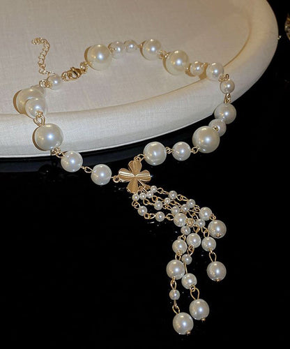 White Alloy Pearl Tassel Pendant Necklace