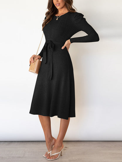 High Waisted Long Sleeves Color Tied Waist Round-neck Midi Dresses Sweater Dresses