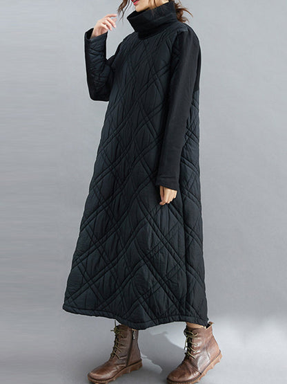 Simple Split-joint High-neck H-line Quilted Midi Dress