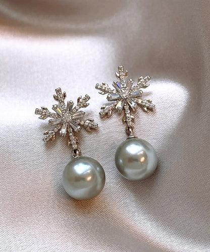 Diy Grey Copper Snowflake Pearl Drop Earrings