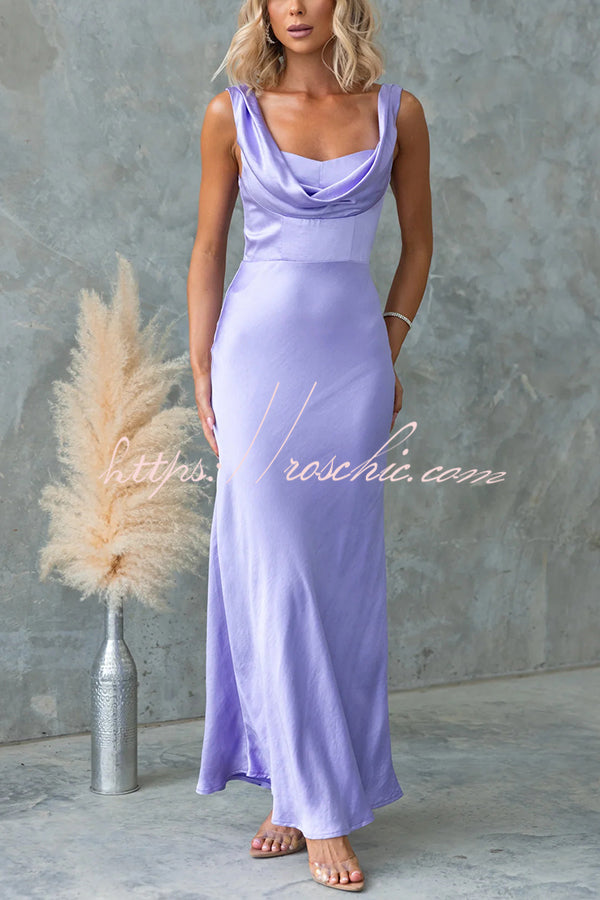 Muse Satin Color Cowl Neck Back Tie-up Maxi Dress