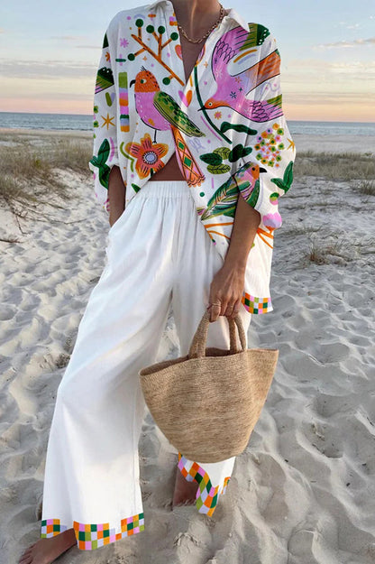 Bird Print Oversized Shirt and Elastic Waist Pocket Pants Set
