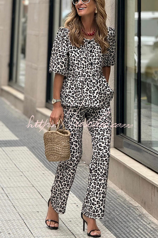 Enjoy Everyday Leopard Print Puff Sleeve Babydoll Top and Elastic Waist Pocketed Pant Set