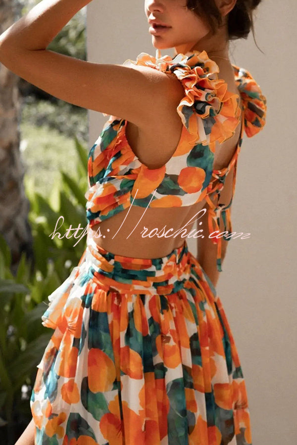 Lost in the Melody Chiffon Printed Flutter Sleeve Cutout Back Lace-up Maxi Dress