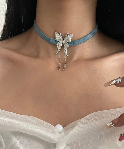 Blue Alloy Leather Rope Butterfly Tassel Pendant Necklace