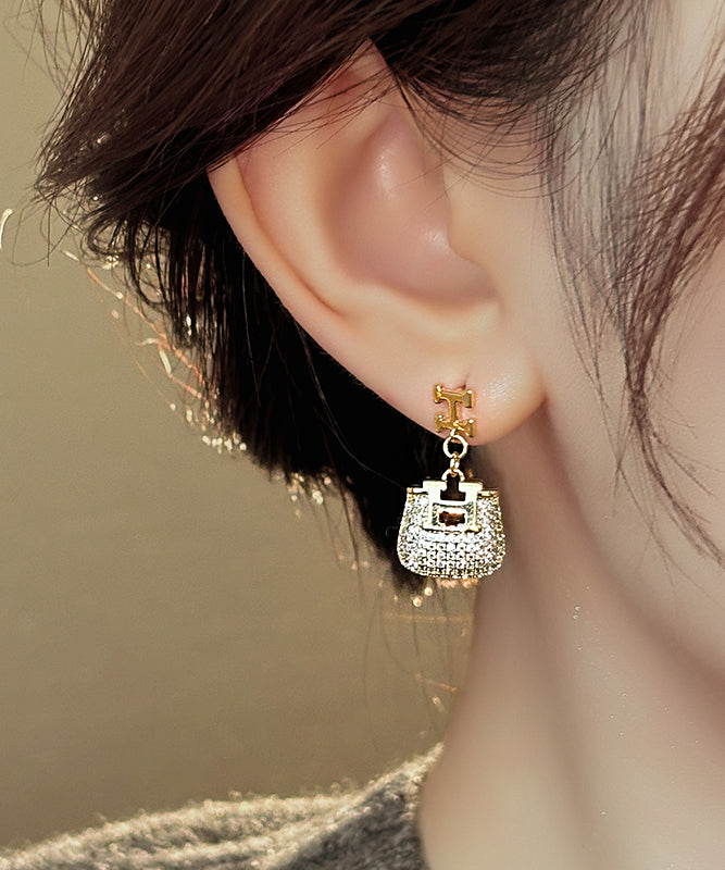 Gold Copper Alloy Zircon Graphic Bag Drop Earrings