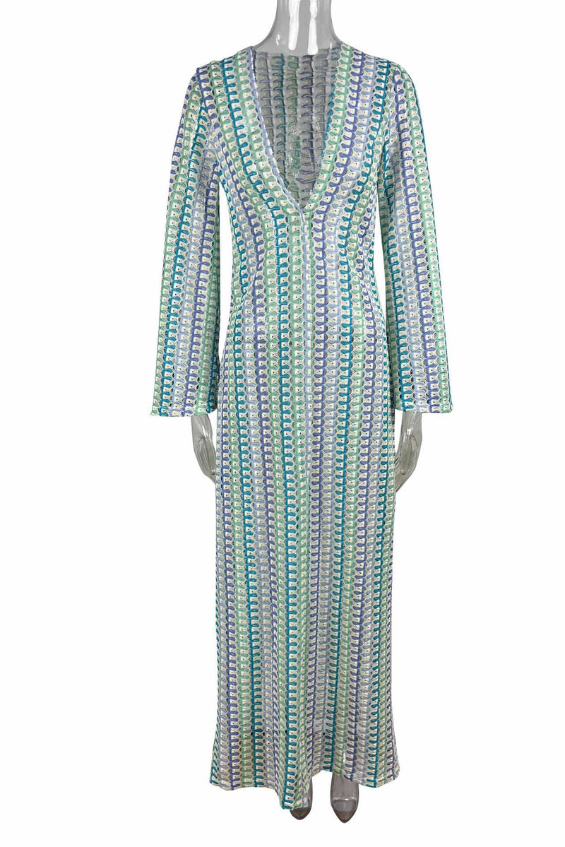 V Neck Bell Sleeve Wavy Striped Crochet Beach Vacation Maxi Dress