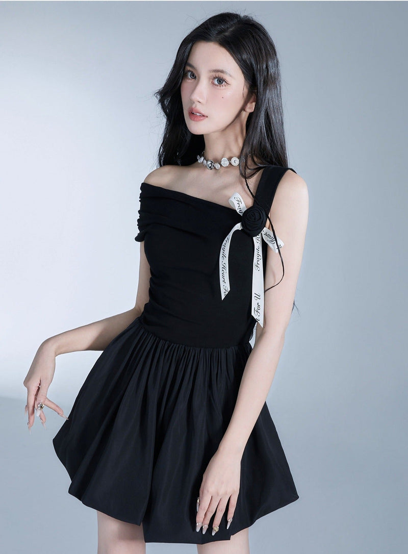 Off-shoulder Black Mini Dress With Contrast Bow Detail