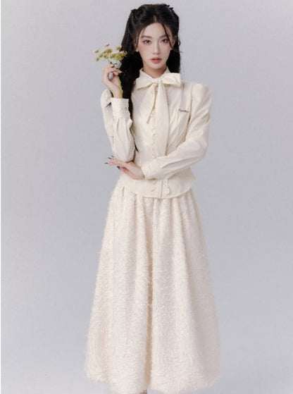 -inspired Cream Puff Sleeve Blouse and Midi Skirt Set