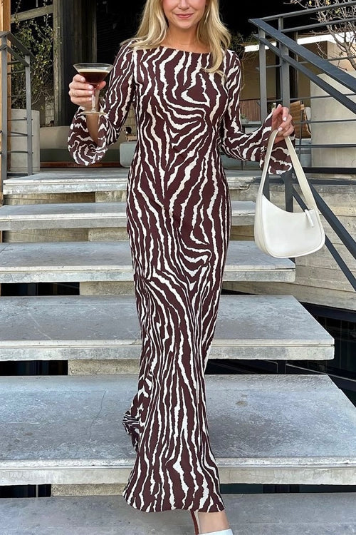 Boat Neck Bell Sleeves Animal Print Maxi Dress