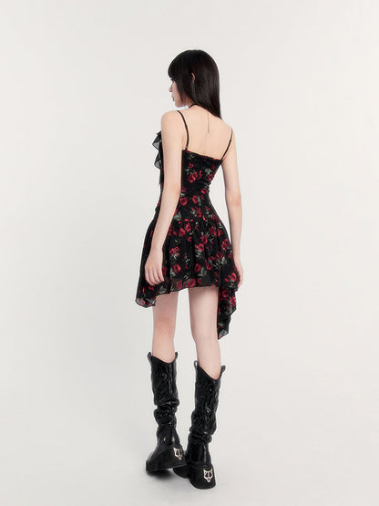 Print Gothic Mini Dress With Asymmetric Hem