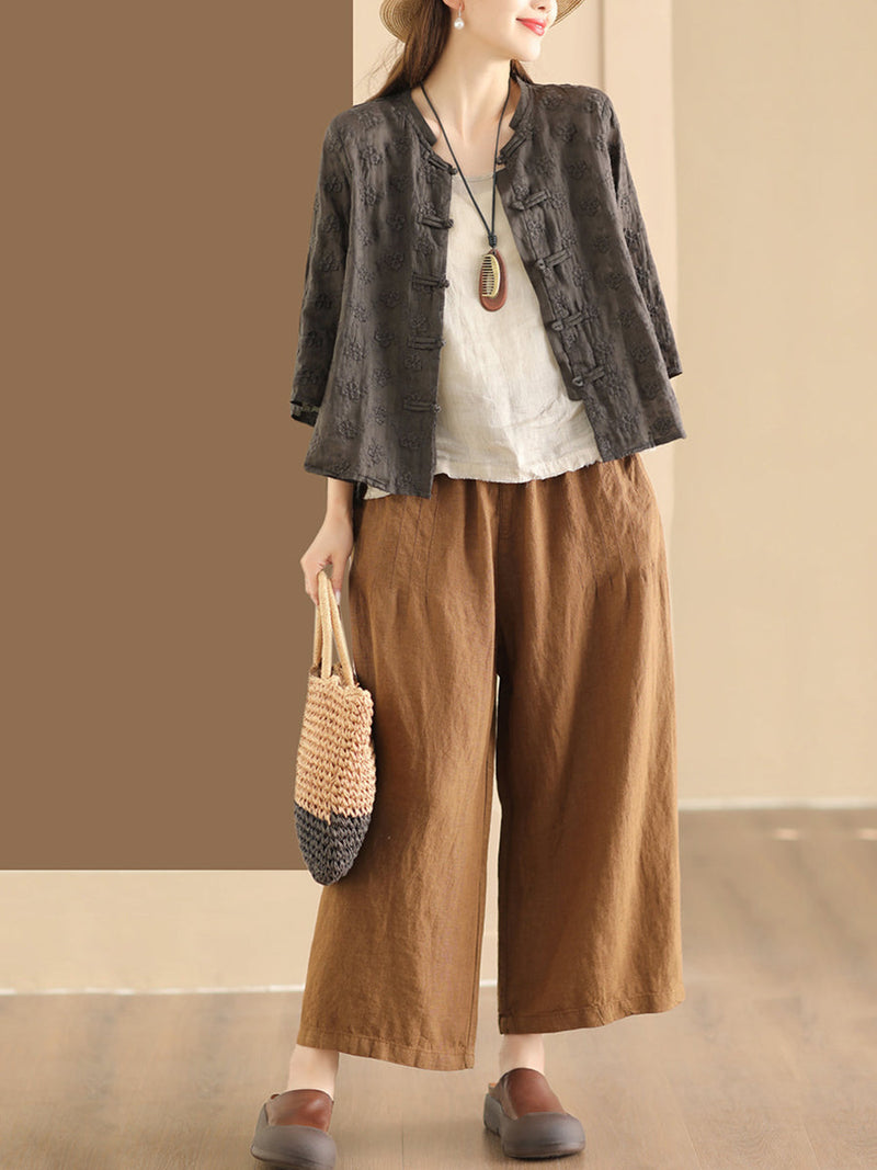 Flower Jacquard Button-up Ramie Blouse Sc1023