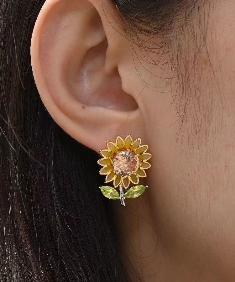 New Yellow Sterling Silver Overgild Zircon Enamel Sunflower Stud Earrings