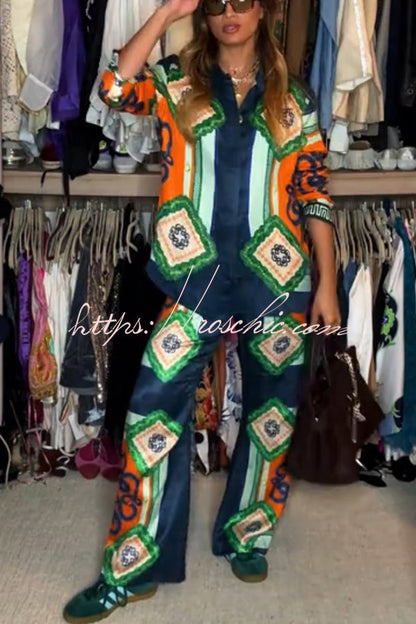 Vacation Times Satin Unique Print Button Down Oversized Blouse