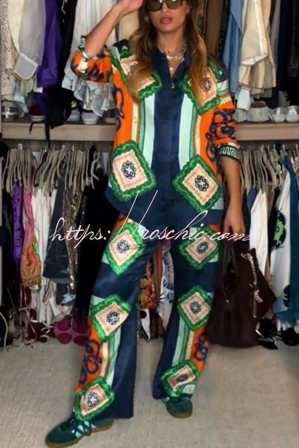 Vacation Times Satin Unique Print Elastic Waist Pocketed Wide Leg Pants
