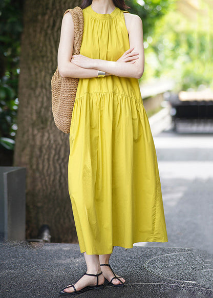 Yellow Pockets Cotton Long Dress Sleeveless Af1043