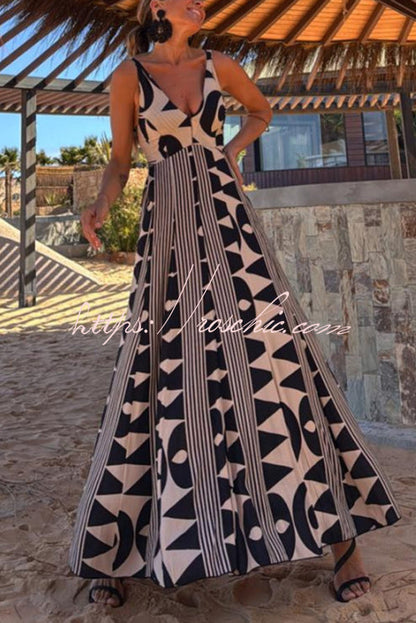 Sabine Geometric Print V-neck Back Smocked A-line Maxi Dress