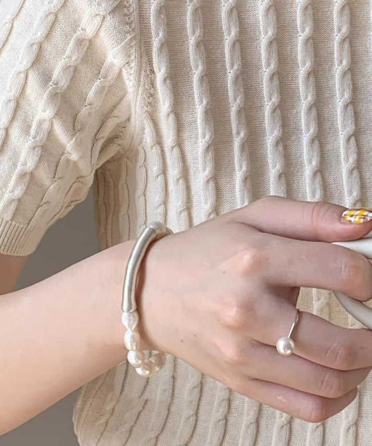Stylish White 999 Silver Pearl Patchwork Elasticity Bracelet