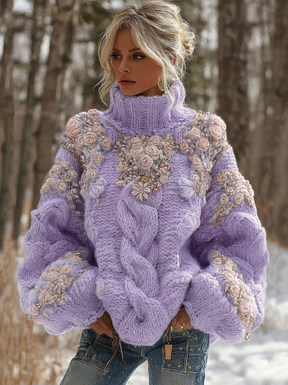 Comstylish Women's Vintage Embroidery Rose Art Knit Cozy High Neck Sweater