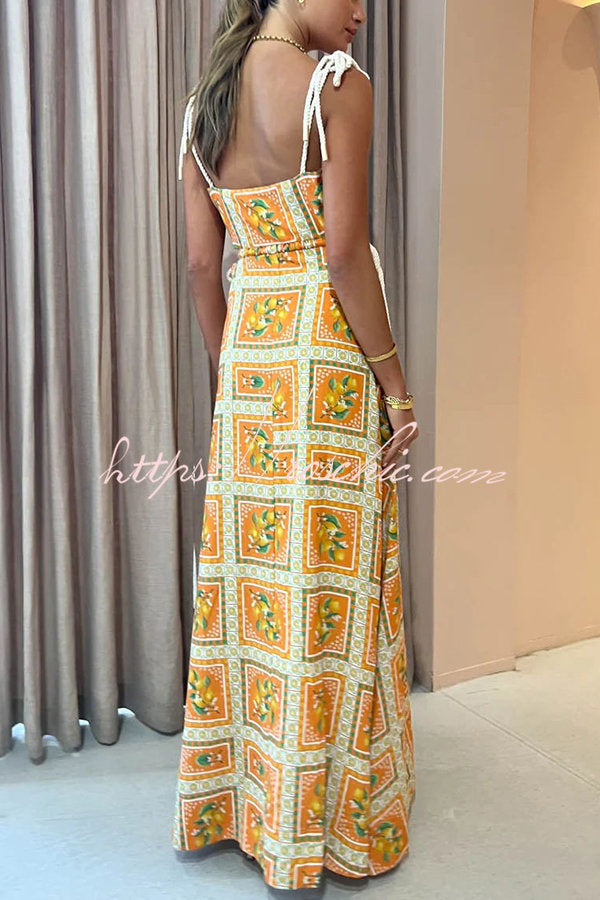 Orange Summer Printed Linen Blend Cutout Tie-up Design Maxi Dress