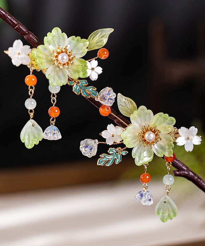 Emerald Green Alloy Pearl Colored Glaze Tassel Hairpin